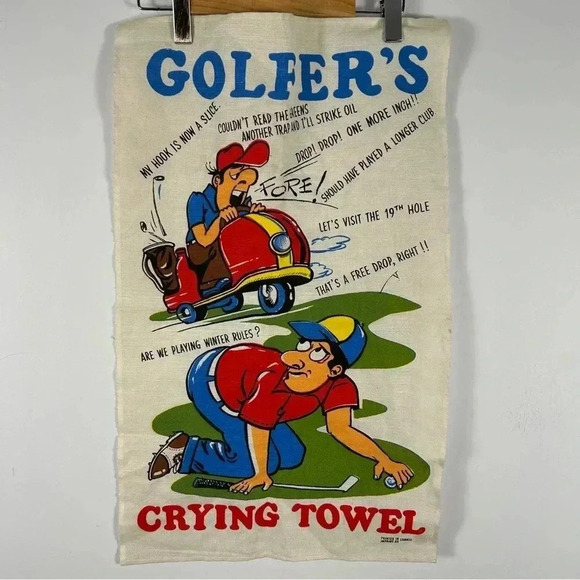 Vintage Golfer's Crying Towel Linen Cartoon  Gag Gift Golf - Picture 1 of 3